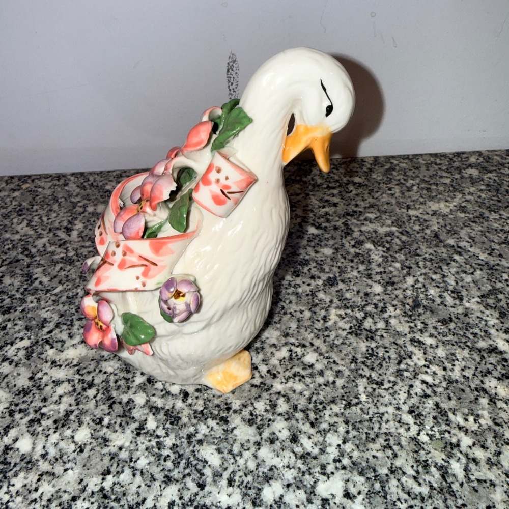 Vintage Duck Figurine Floral Ribbon Goose White Pink Ceramic Home Decor